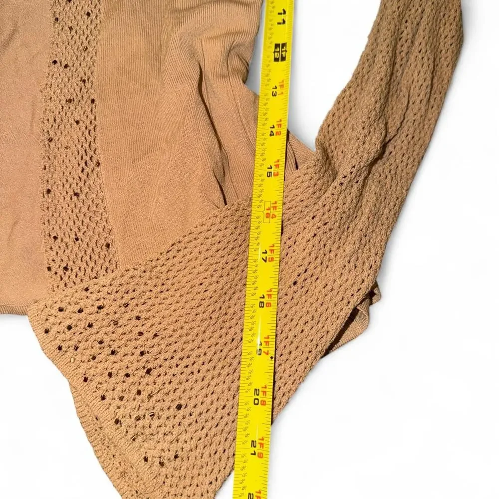 2000s Boho Fairy Tan Beaded Crochet Bell Sleeve Tie Front Blouse Cardigan Size M